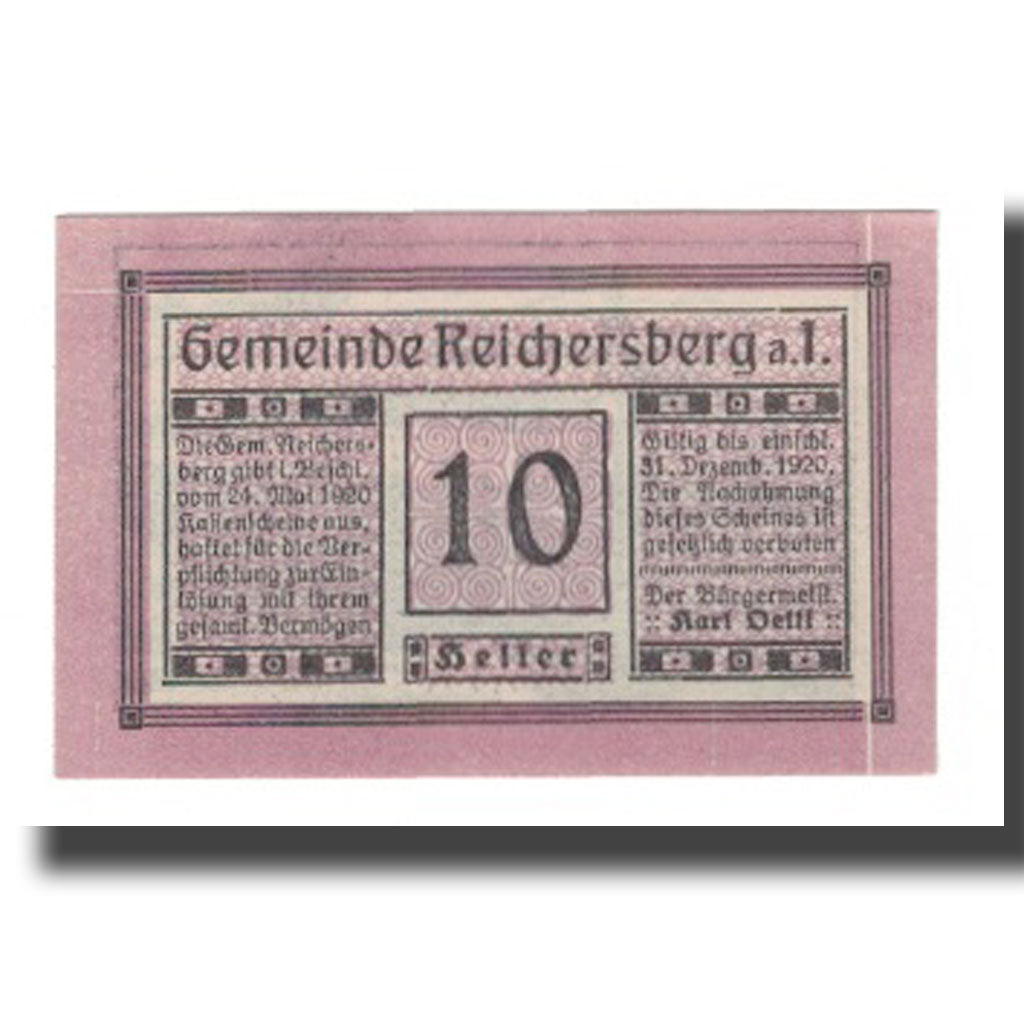 Banknot, Austria, Reichersberg O.Ö. Gemeinde, 10 Heller, paysage, 1920