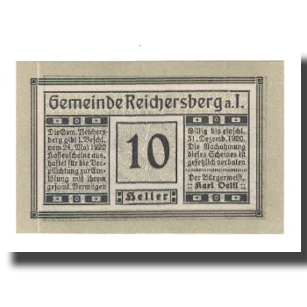 Banknot, Austria, Reichersberg O.Ö. Gemeinde, 10 Heller, paysage 1, 1920