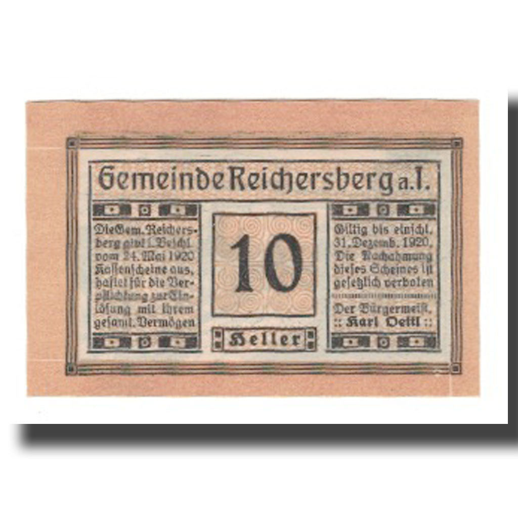 Banconote, Austria, Reichersberg O.Ö. Gemeinde, 10 Heller, paysage 2, 1920