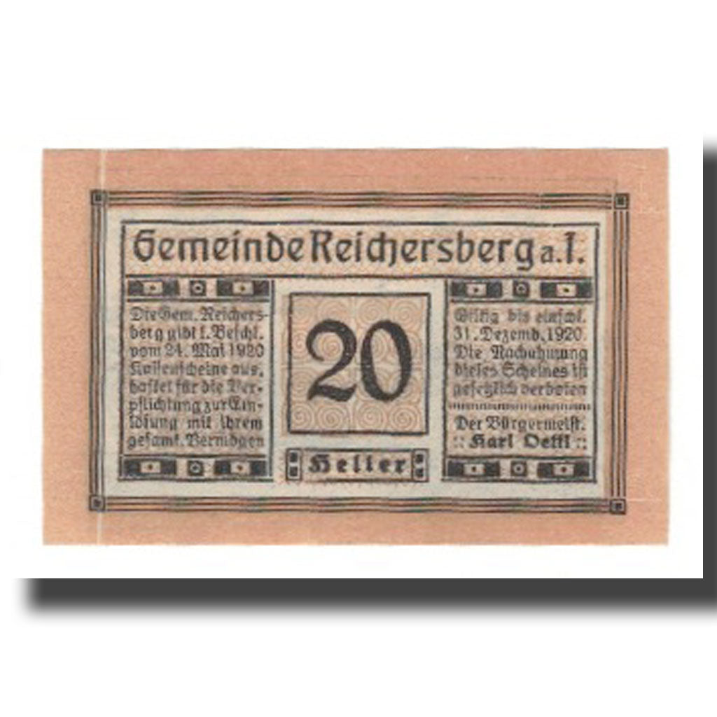Banknot, Austria, Reichersberg O.Ö. Gemeinde, 20 Heller, paysage 3, 1920