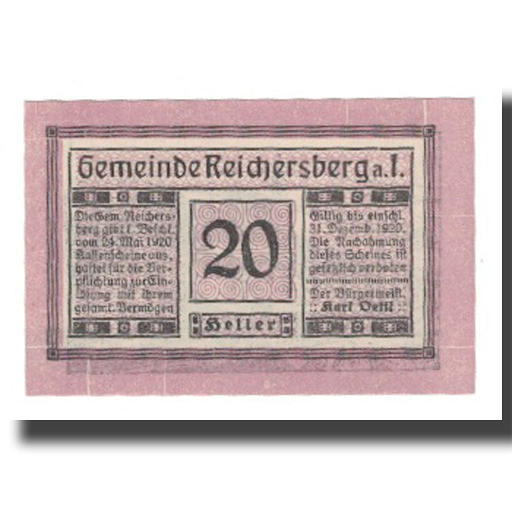 Banconote, Austria, Reichersberg O.Ö. Gemeinde, 20 Heller, paysage 4, 1920