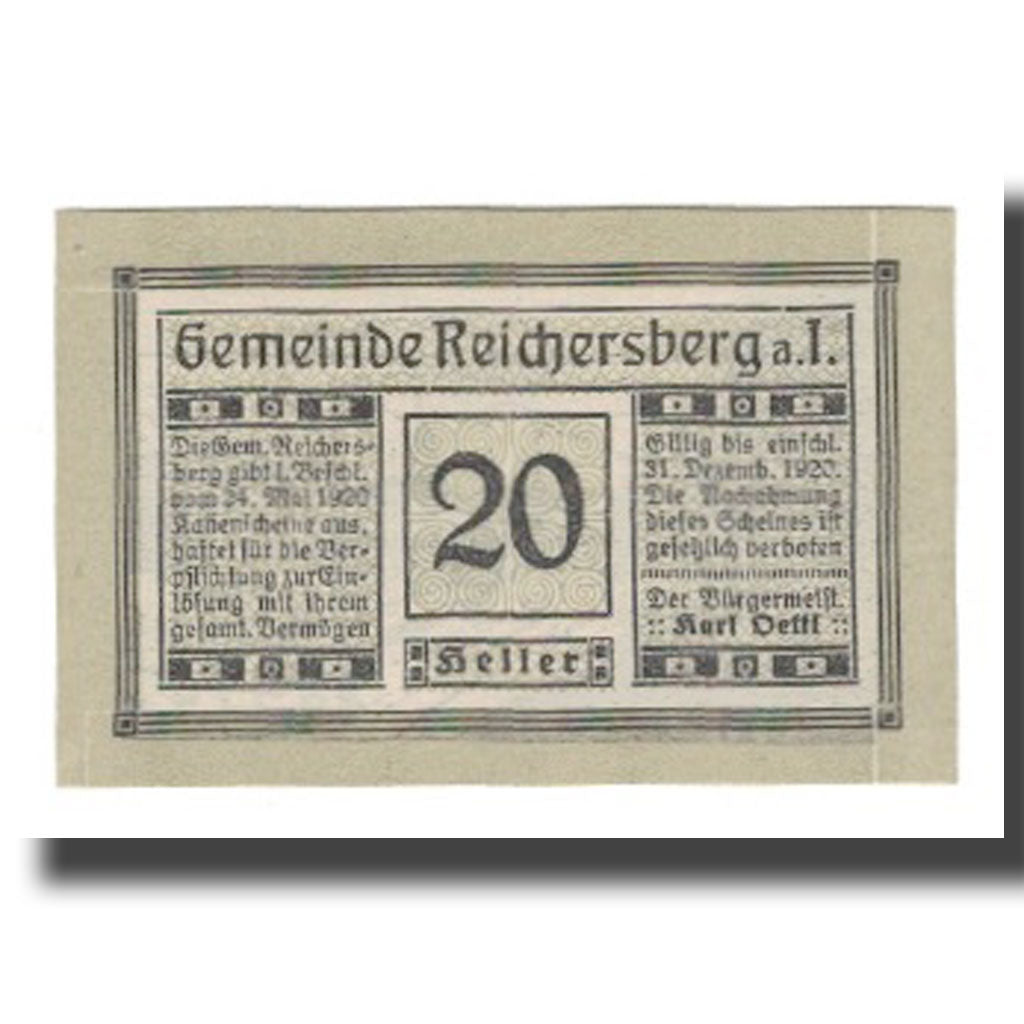 Banknot, Austria, Reichersberg O.Ö. Gemeinde, 20 Heller, paysage 5, 1920