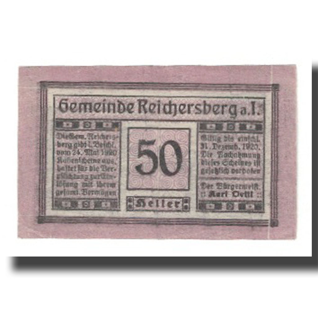 Billete, Austria, Reichersberg O.Ö. Gemeinde, 50 Heller, paysage 6, 1920