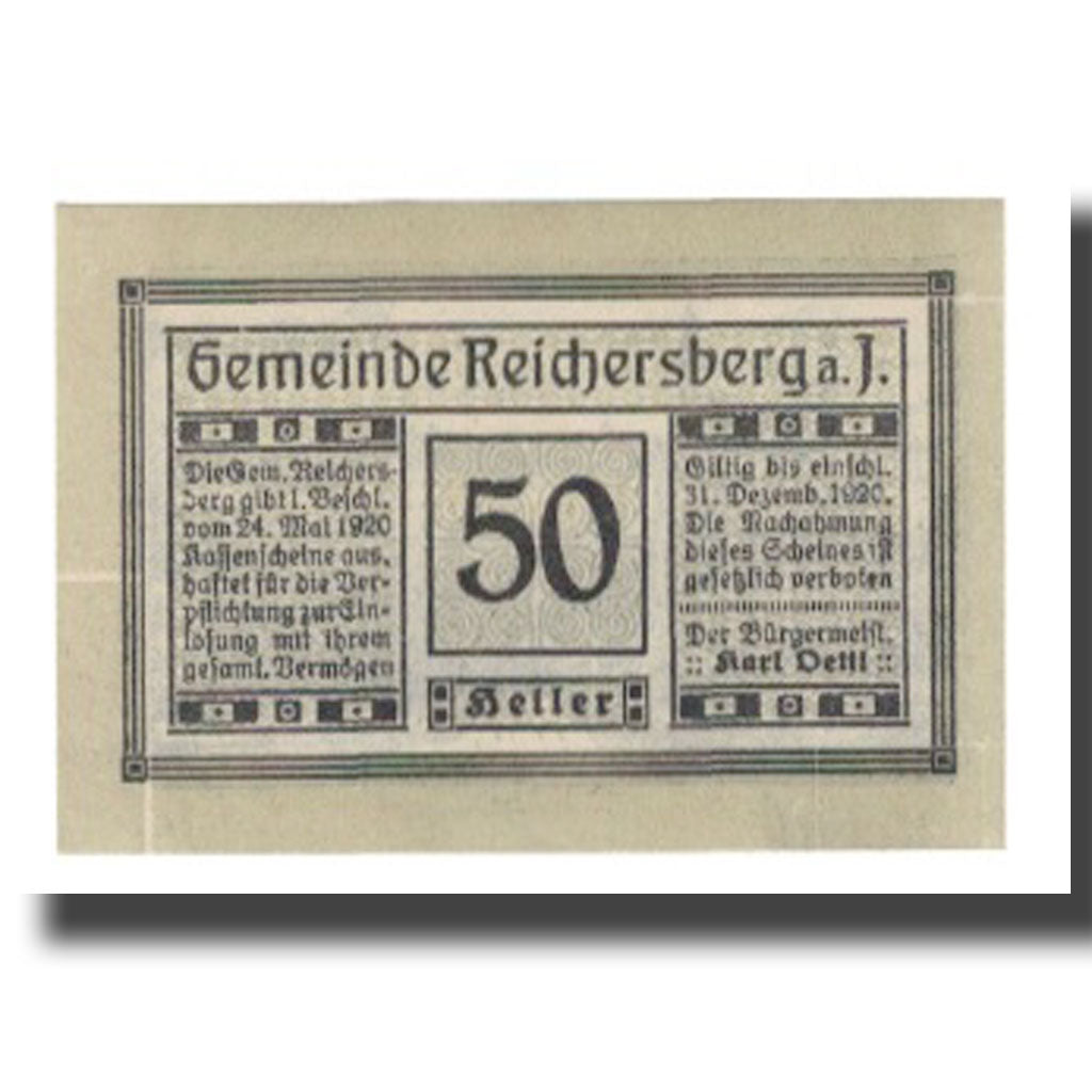 Nota, Áustria, Reichersberg O.Ö. Gemeinde, 50 Heller, paysage 8, 1920