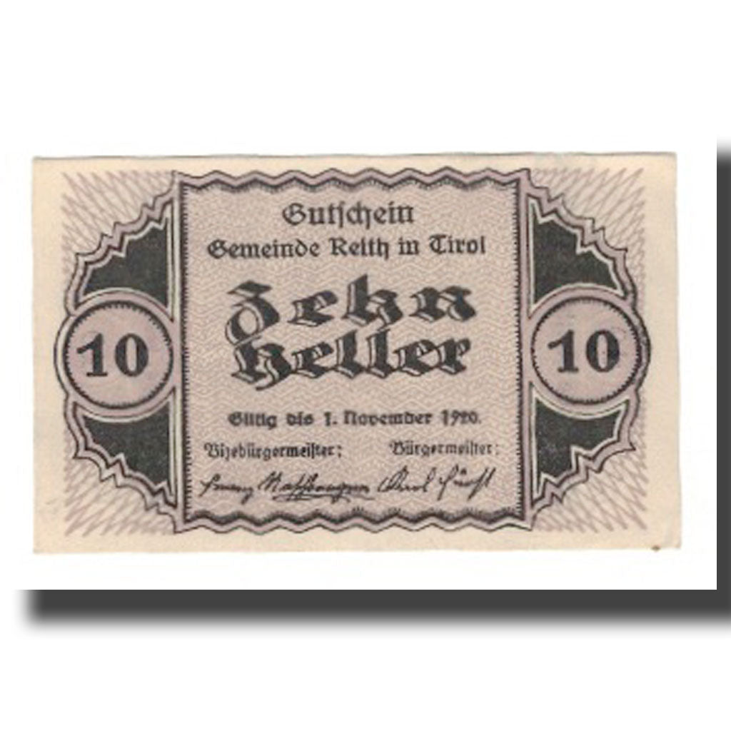 Banknot, Austria, Reith Tirol Gemeinde, 10 Heller, paysage, 1920, 1920-11-01