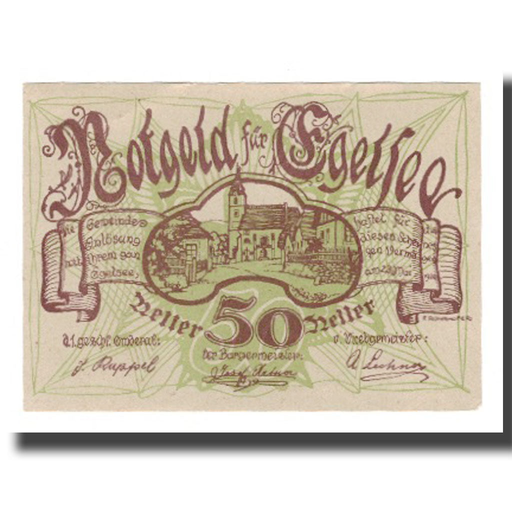 Banconote, Austria, Egelsee N.Ö. Dorfgemeinde, 50 Heller, Texte, 1920