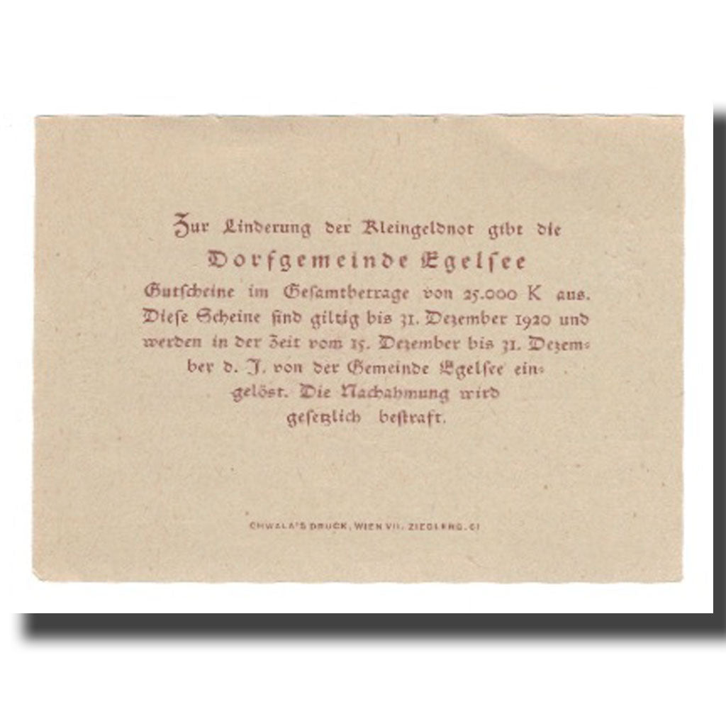 Banconote, Austria, Egelsee N.Ö. Dorfgemeinde, 50 Heller, Texte, 1920