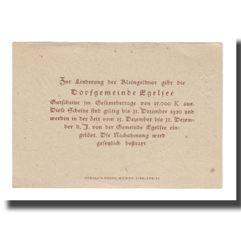 Banknot, Austria, Egelsee N.Ö. Dorfgemeinde, 50 Heller, texte 1, 1920