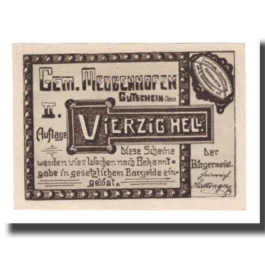 Banconote, Austria, Meggenhofen O.Ö. Gemeinde, 40 Heller, personnage, 1921