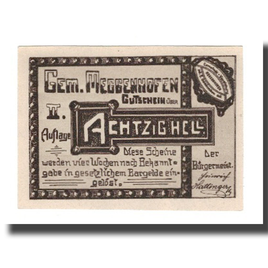 Banconote, Austria, Meggenhofen O.Ö. Gemeinde, 80 Heller, personnage 1, 1921