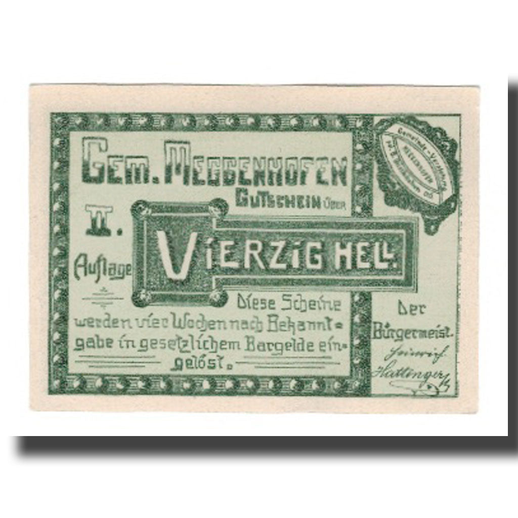 Banconote, Austria, Meggenhofen O.Ö. Gemeinde, 40 Heller, personnage 2, 1921