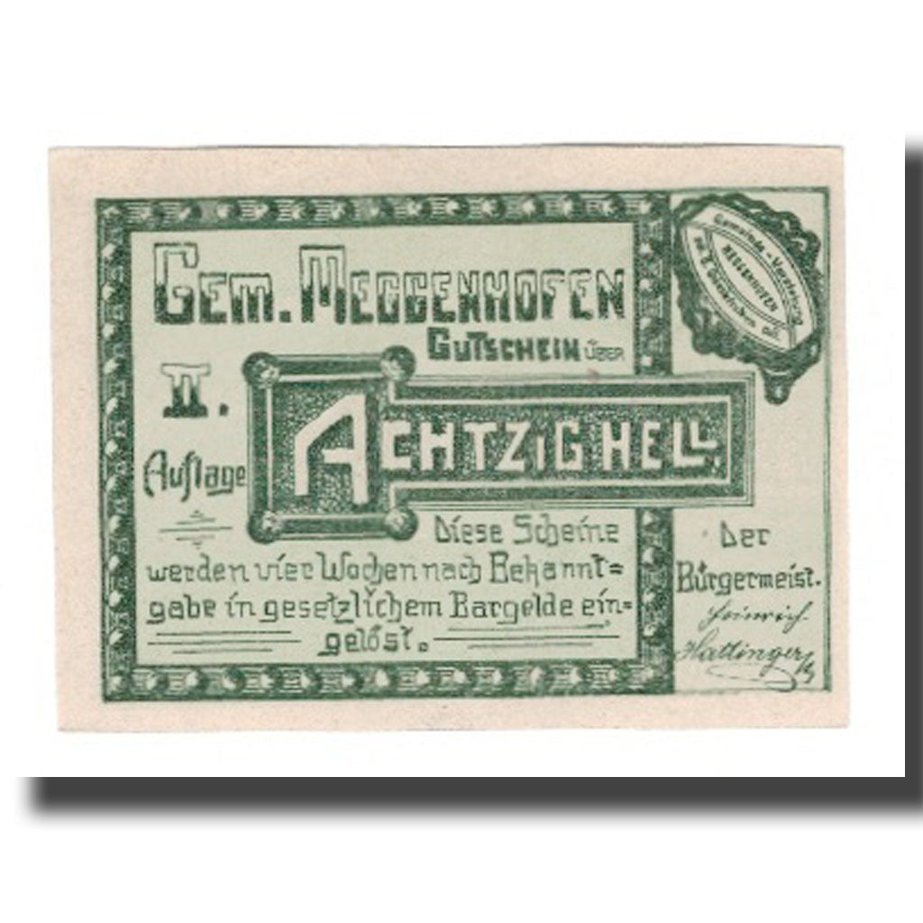 Banconote, Austria, Meggenhofen O.Ö. Gemeinde, 80 Heller, personnage 5, 1921