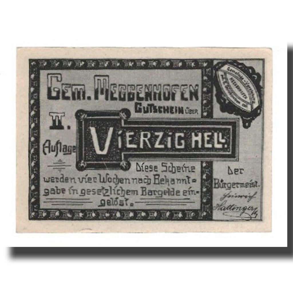 Banconote, Austria, Meggenhofen O.Ö. Gemeinde, 40 Heller, personnage 3, 1921