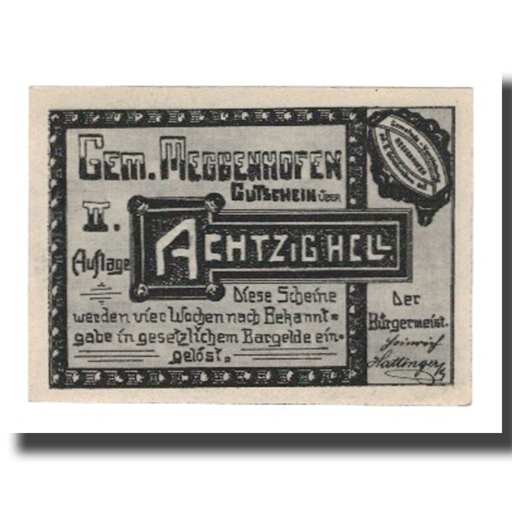 Banconote, Austria, Meggenhofen O.Ö. Gemeinde, 80 Heller, personnage 4, 1921
