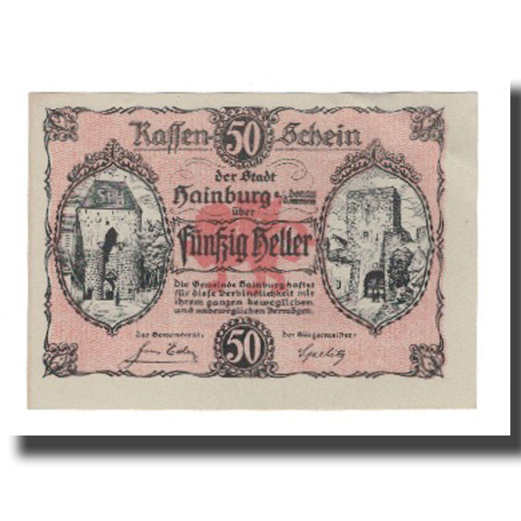 Banknot, Austria, Hainburg A.D. Donau N.Ö. Stadtgemeinde, 50 Heller, texte 1