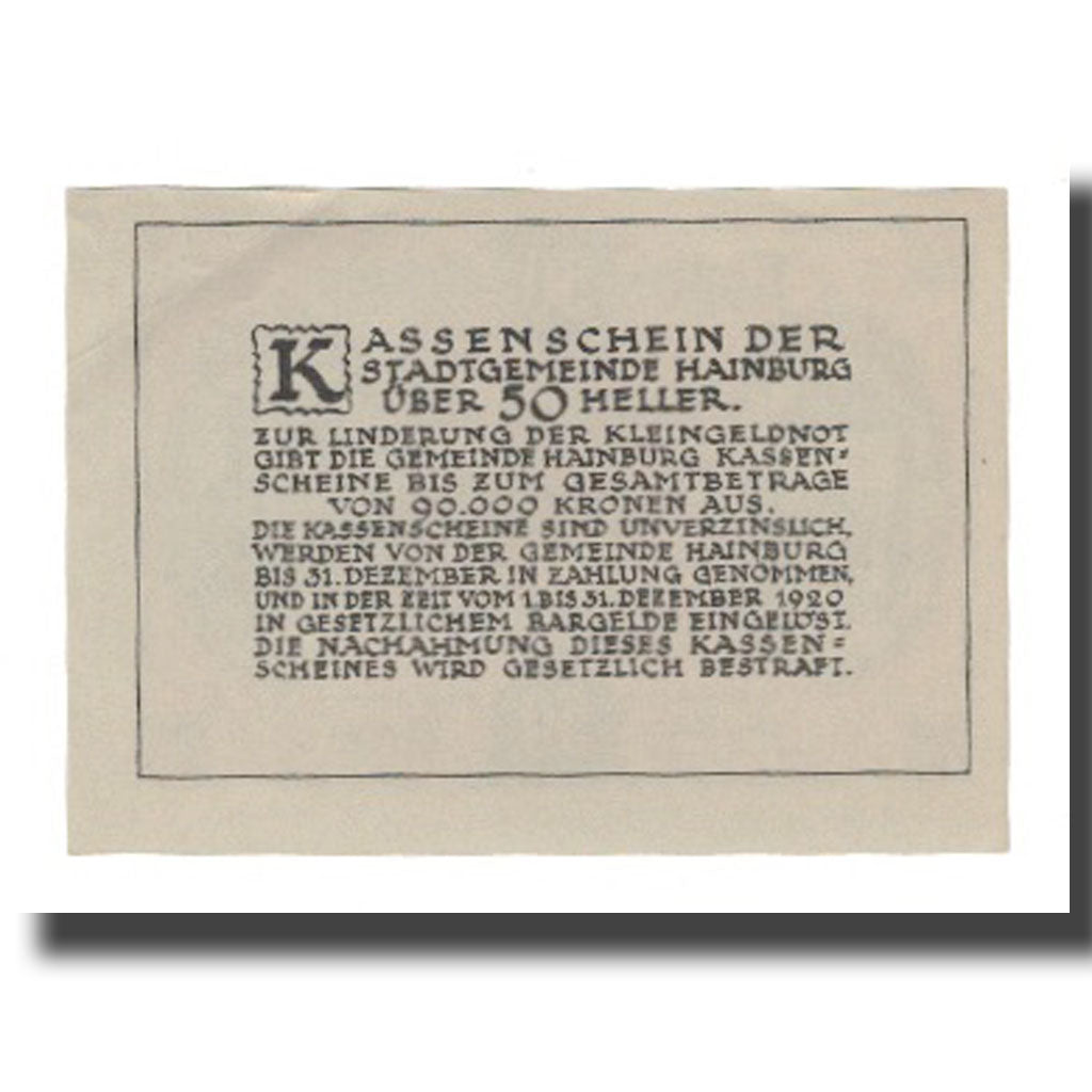 Banknot, Austria, Hainburg A.D. Donau N.Ö. Stadtgemeinde, 50 Heller, texte 1