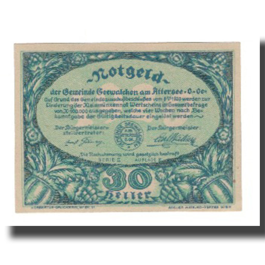 Banconote, Austria, Seewalchen am Attersee O.Ö. Gemeinde, 30 Heller, Texte