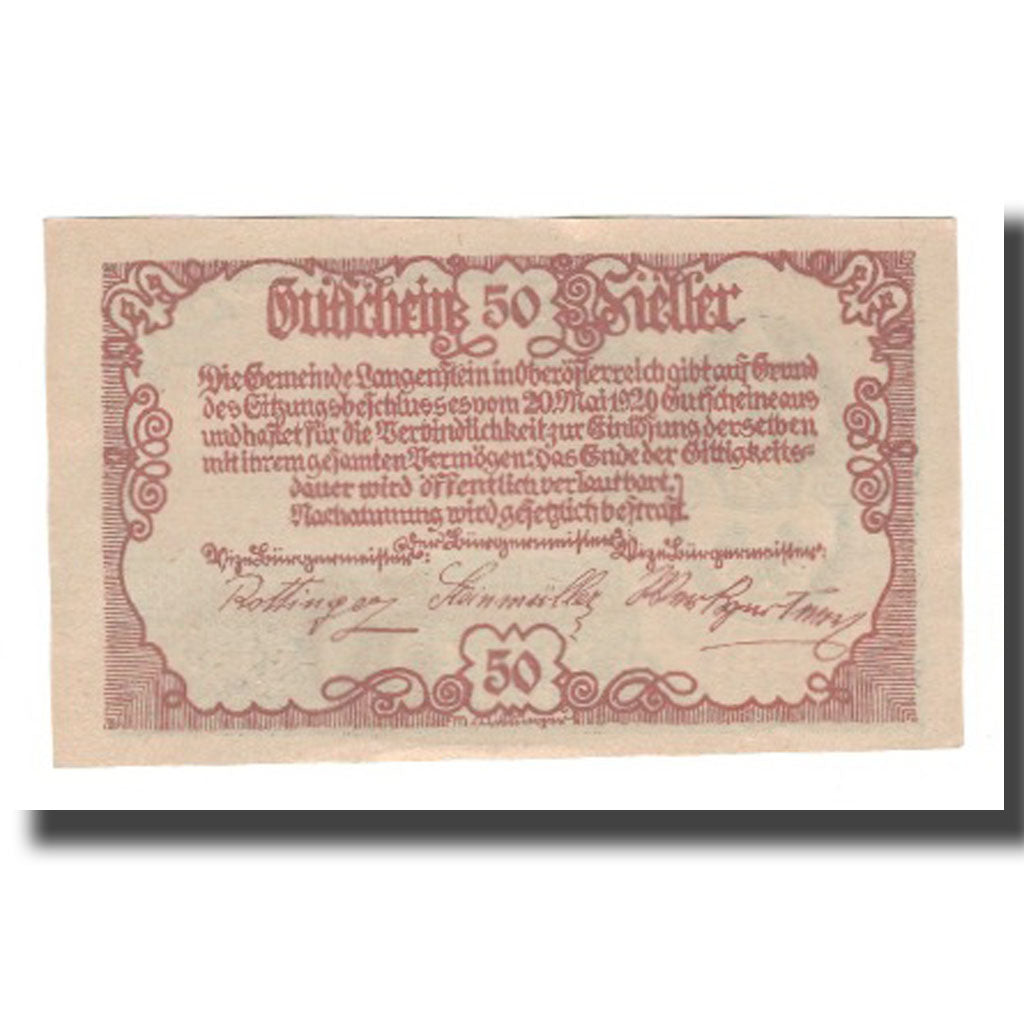 Banconote, Austria, Langenstein O.Ö. Ortsgemeinde, 50 Heller, Texte, 1920