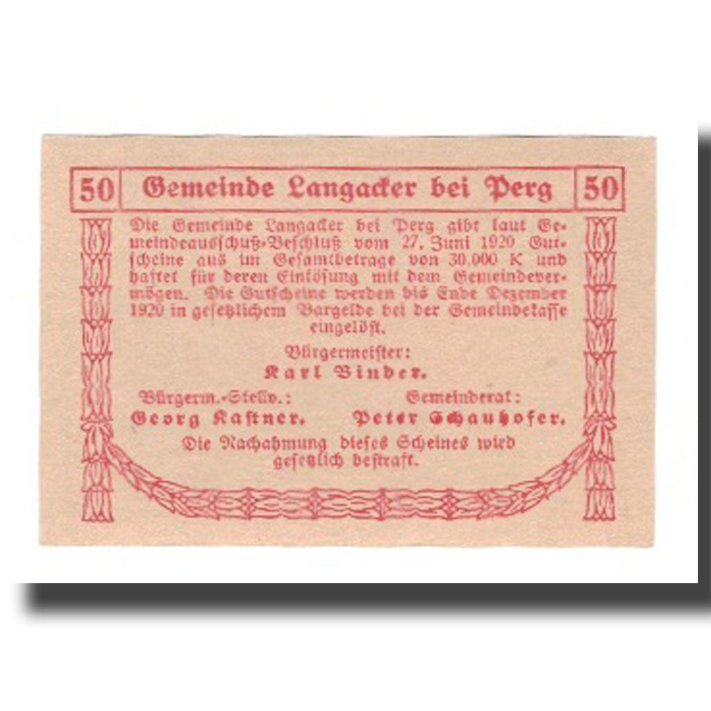 Banconote, Austria, Langacker bei Perg O.Ö. Gemeinde, 50 Heller, Texte, 1920