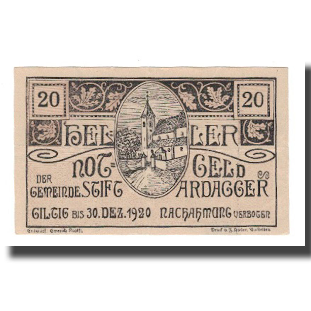 Banknot, Austria, Ardagger Stift N.Ö. Gemeinde, 20 Heller, Texte, 1920