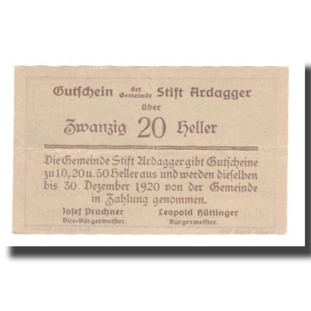 Banknot, Austria, Ardagger Stift N.Ö. Gemeinde, 20 Heller, Texte, 1920