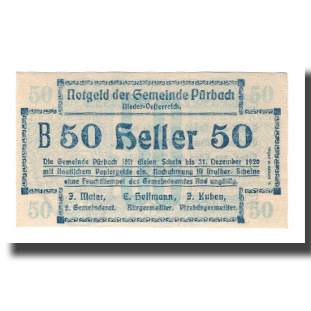 Banknot, Austria, Pürbach N.Ö. Gemeinde, 50 Heller, Texte, 1920, 1920-12-31
