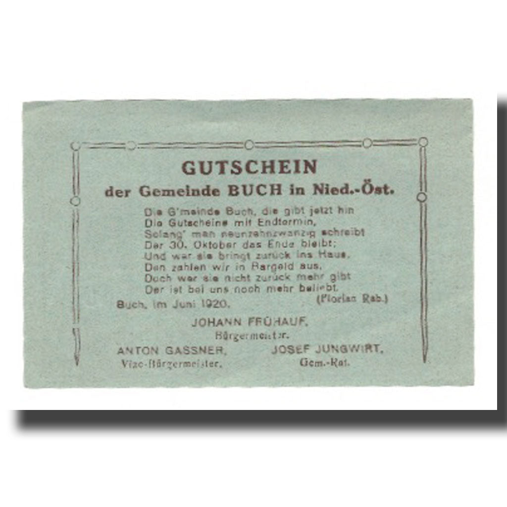 Banconote, Austria, Buch N.Ö. Gemeinde, 50 Heller, Texte, 1920, 1920-10-30