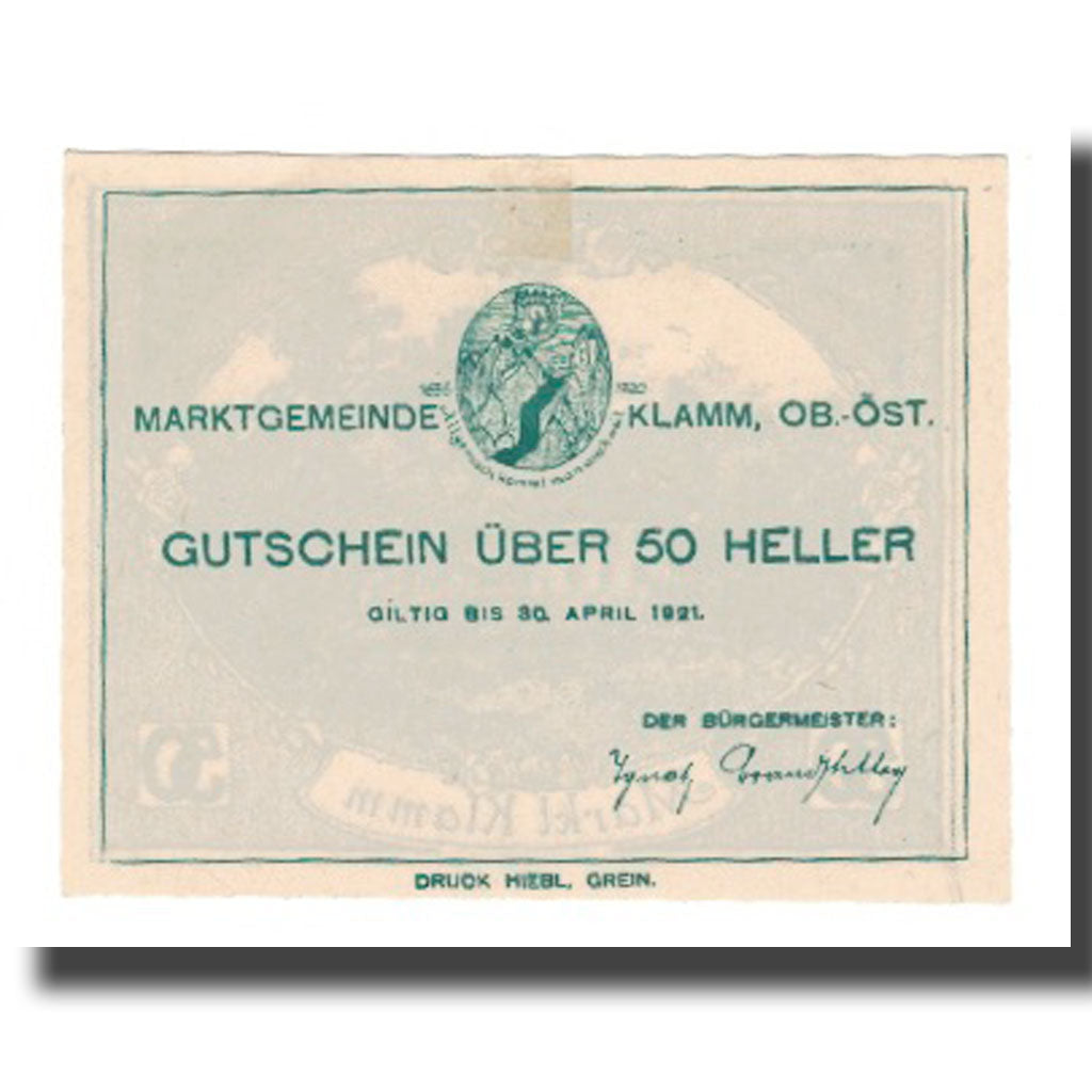 Banknot, Austria, Klamm O.Ö. Marktgemeinde, 50 Heller, Texte, 1921, 1921-04-30