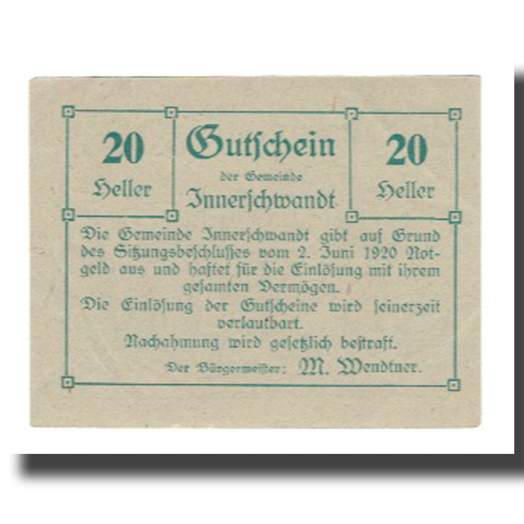 Banconote, Austria, Innerschwandt O.Ö. Gemeinde, 20 Heller, Texte, 1920