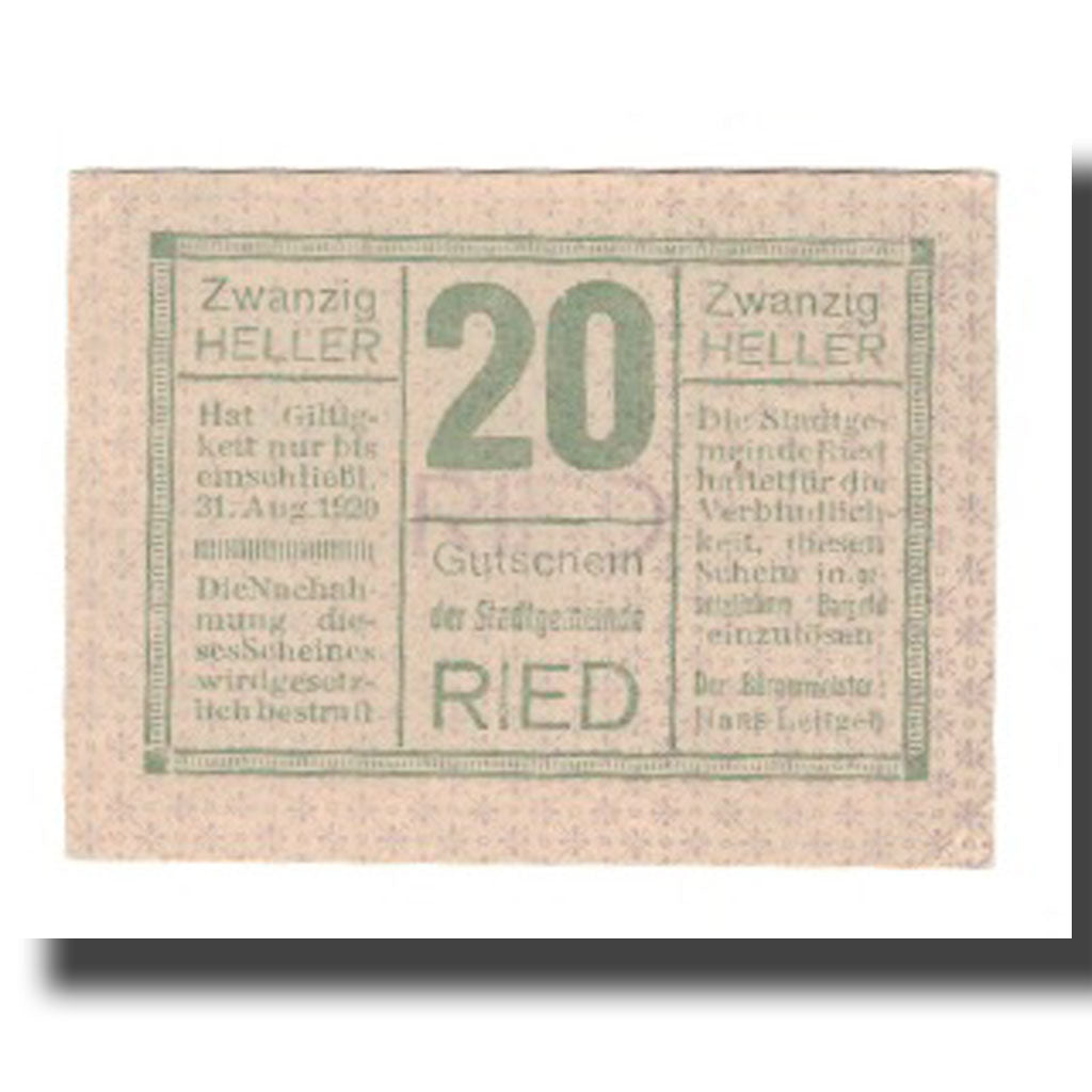 Banknot, Austria, Ried im Innkreis O.Ö. Stadtgemeinde, 20 Heller, Texte, 1920