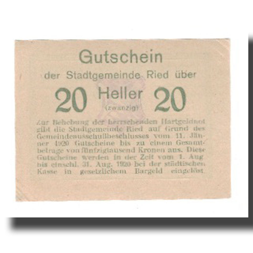 Banknot, Austria, Ried im Innkreis O.Ö. Stadtgemeinde, 20 Heller, Texte, 1920