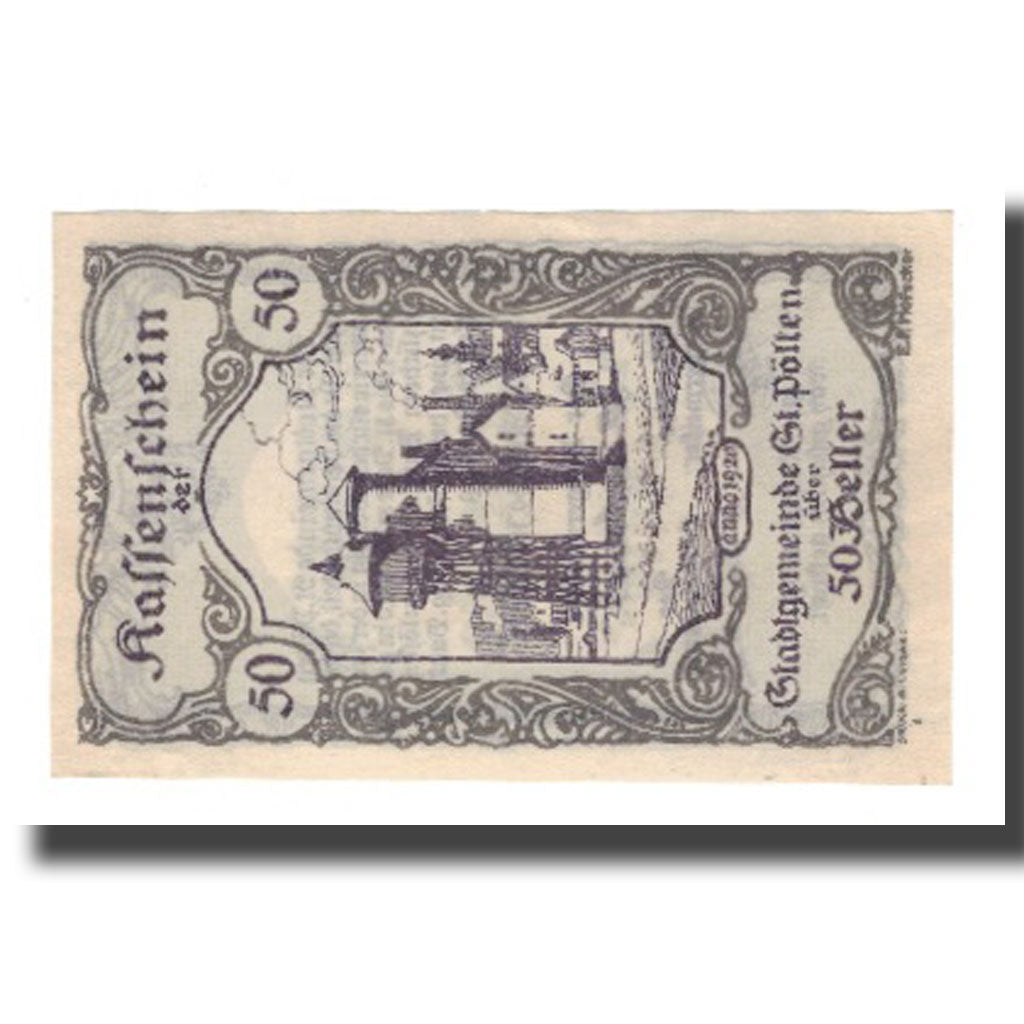 Banknot, Austria, St. Pölten N.Ö. Stadtgemeinde, 50 Heller, Texte, 1920
