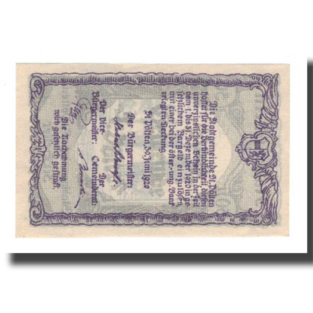 Banknot, Austria, St. Pölten N.Ö. Stadtgemeinde, 50 Heller, Texte, 1920