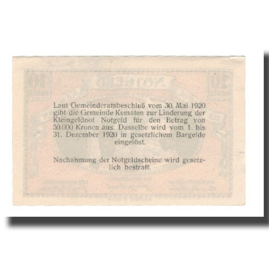 Banconote, Austria, Kematen N.Ö. Gemeinde, 10 Heller, Texte, 1920, 1920-12-31
