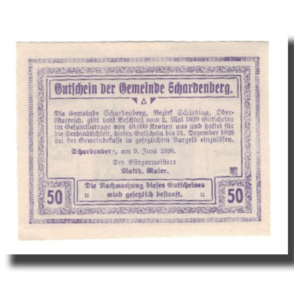 Nota, Áustria, Schardenberg O.Ö. Gemeinde, 50 Heller, Texte, 1920, 1920-12-31