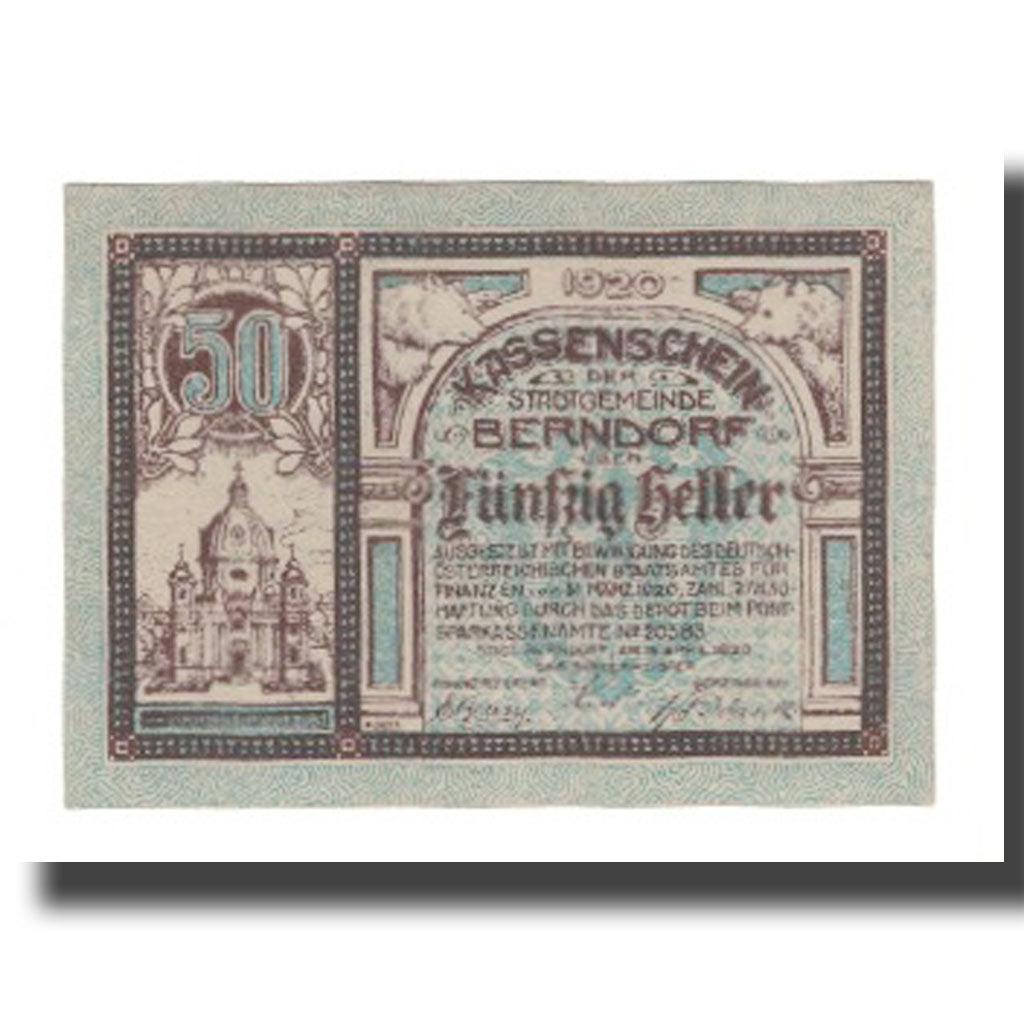 Banconote, Austria, Berndorf N.Ö. Stadtgemeinde, 50 Heller, Texte, 1920