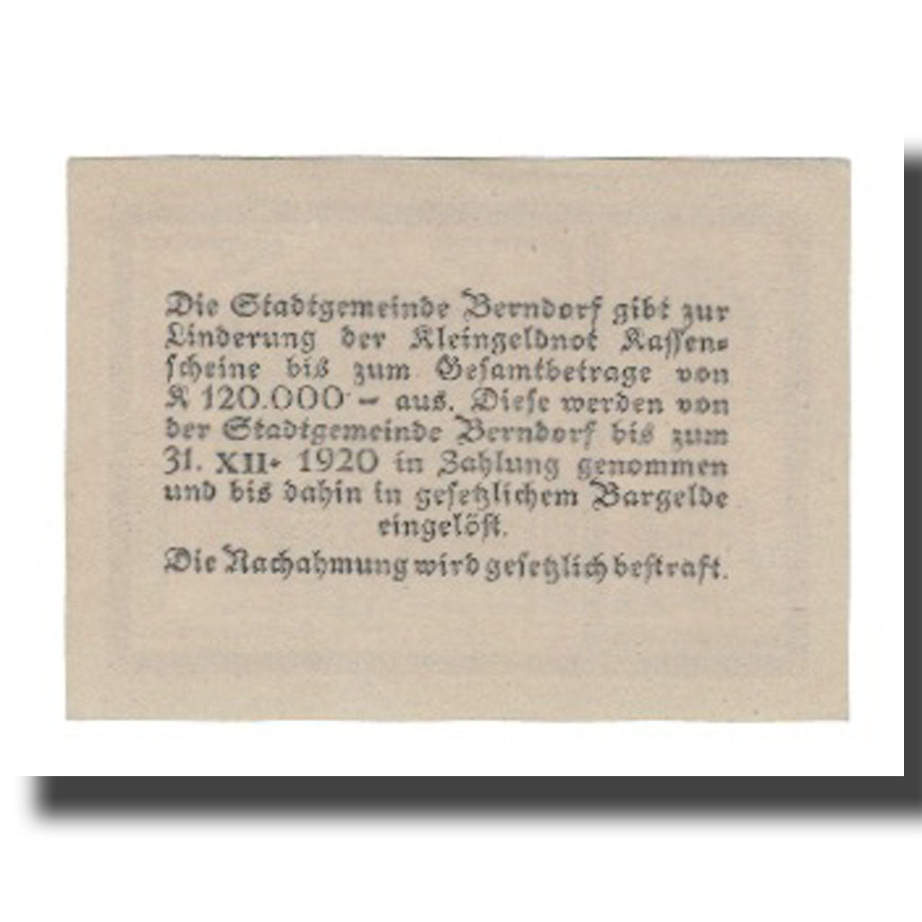 Banconote, Austria, Berndorf N.Ö. Stadtgemeinde, 50 Heller, Texte, 1920