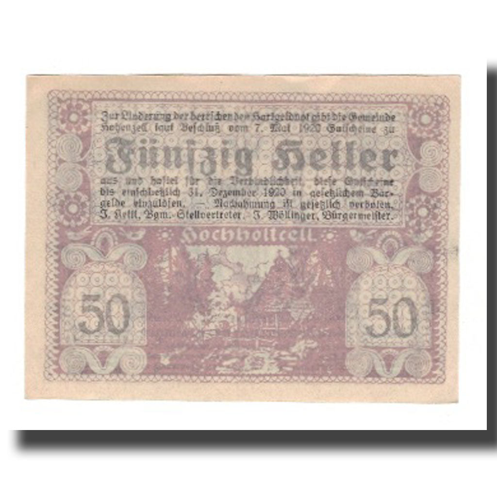 Banknot, Austria, Hohenzell O.Ö. Gemeinde, 50 Heller, Texte, 1920, 1920-12-31
