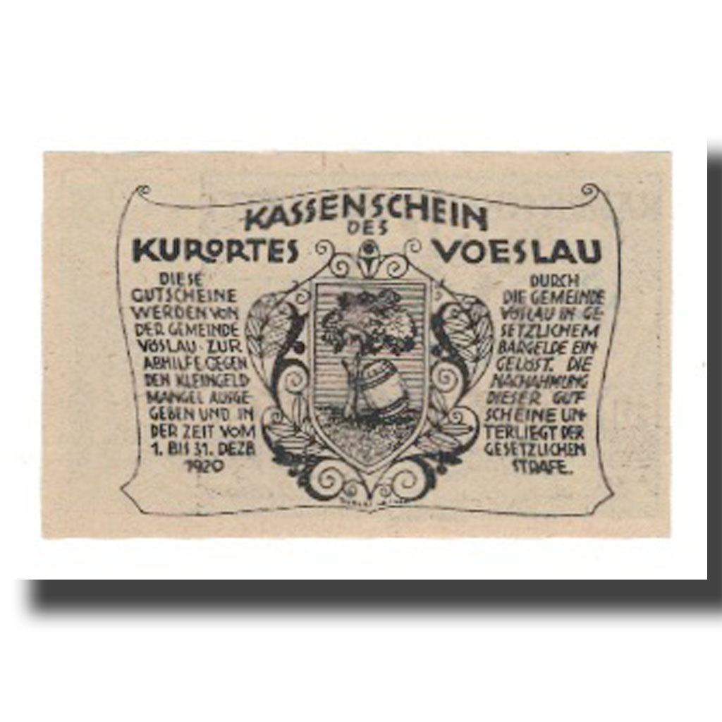 Banknote, Austria, Vöslau N.Ö. Gemeinde, 50 Heller, Blason, 1920, 1920-12-31