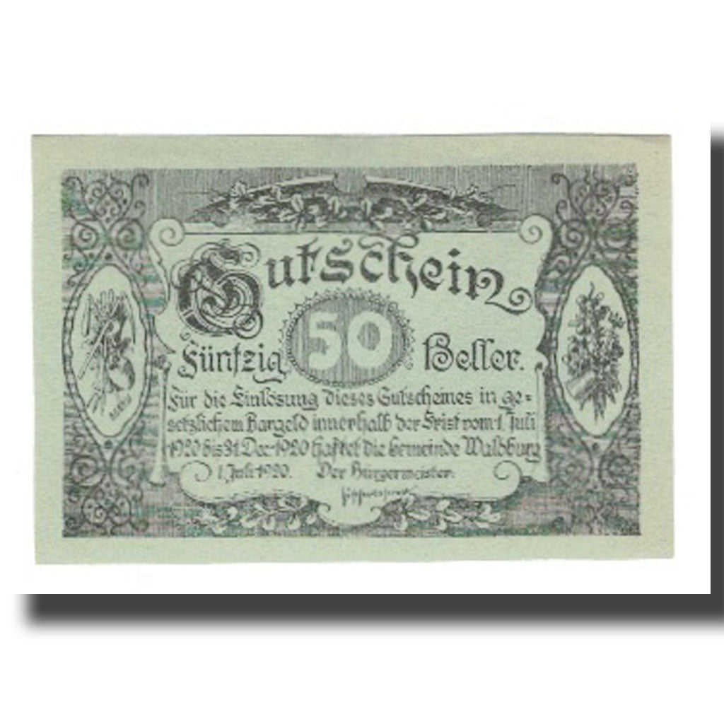 Banknot, Austria, Waldburg O.Ö. Gemeinde, 50 Heller, Texte, 1920, 1920-12-31