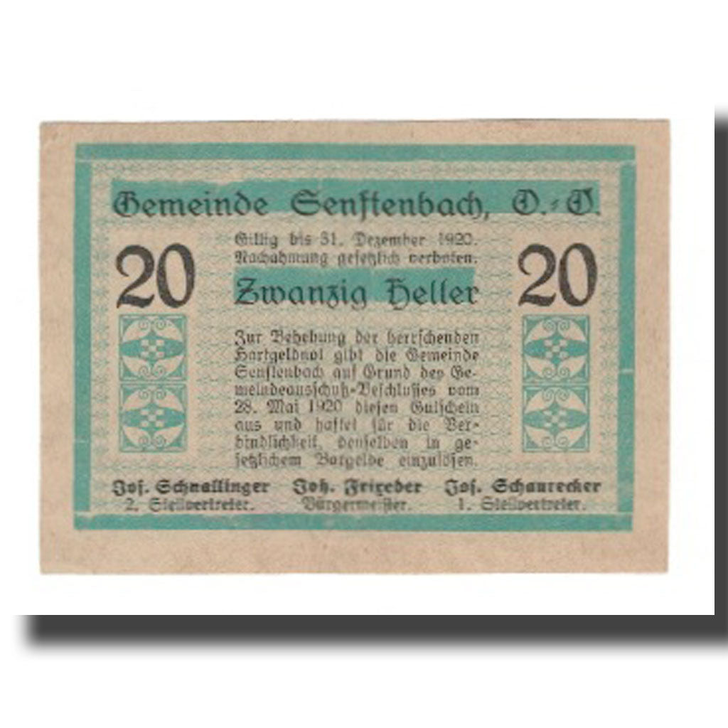 Banknot, Austria, Senftenbach O.Ö. Gemeinde, 20 Heller, Texte, 1920