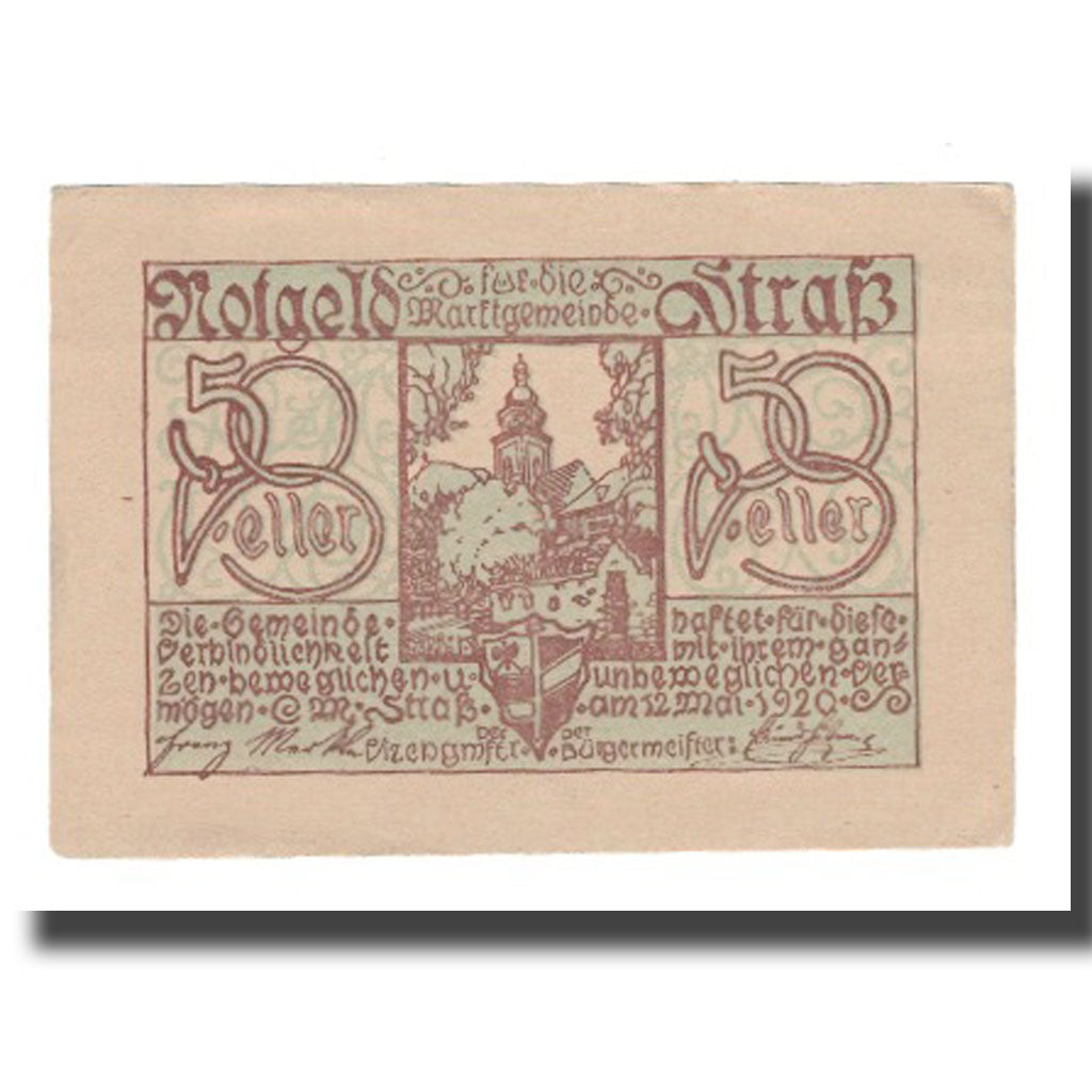 Banknot, Austria, Straß N.Ö. Marktgemeinde, 50 Heller, Texte, 1920