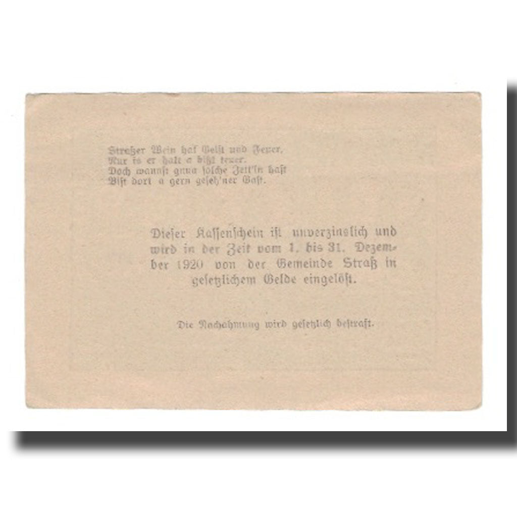 Banknot, Austria, Straß N.Ö. Marktgemeinde, 50 Heller, Texte, 1920