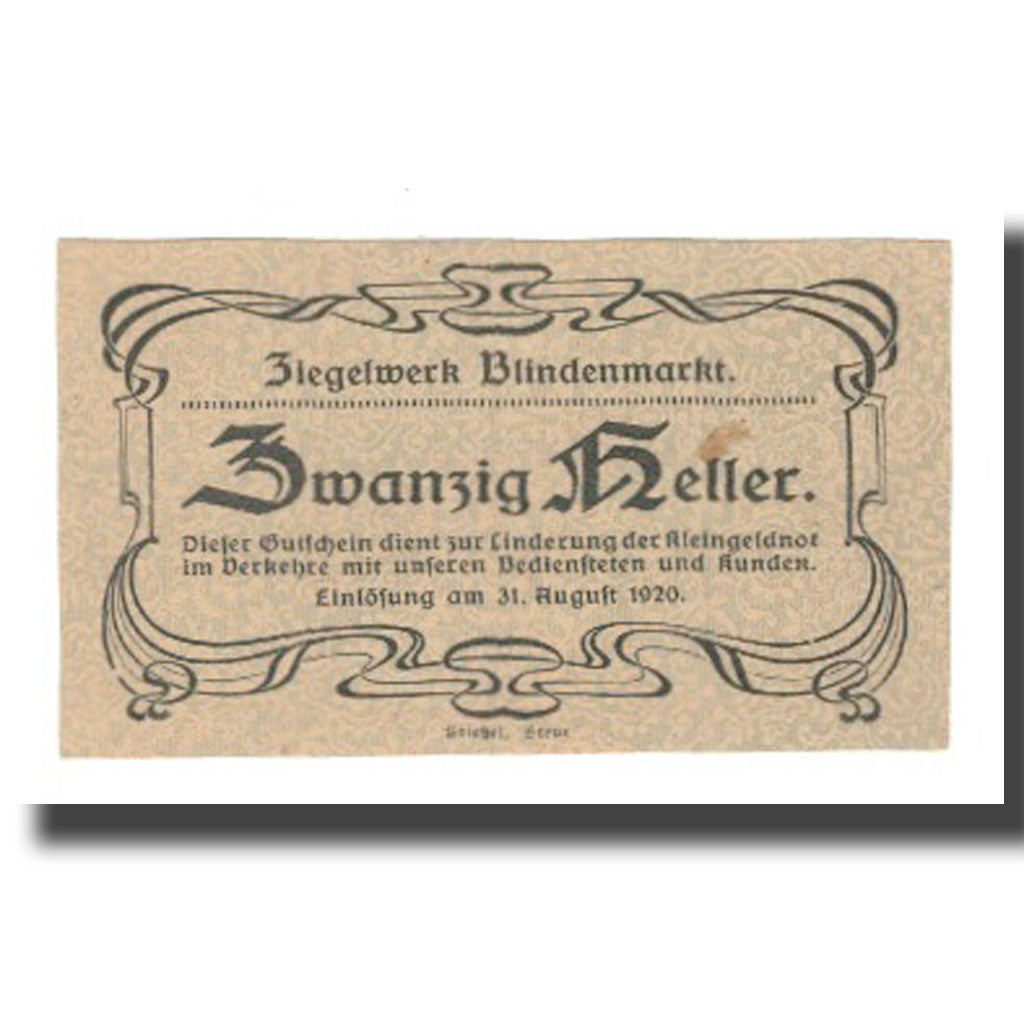 Banconote, Austria, Blindenmarkt N.Ö. Prv. Ziegelwerk, 20 Heller, N.D, 1920