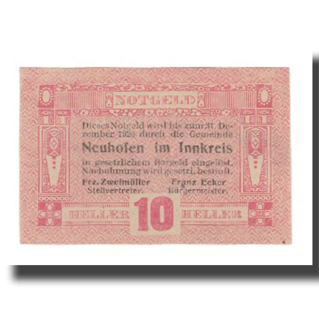 Banconote, Austria, Neuhofen im Innkreis O.Ö. Gemeinde, 10 Heller, Texte, 1920