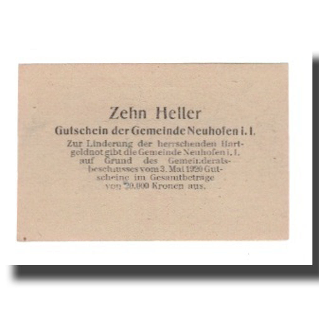 Banconote, Austria, Neuhofen im Innkreis O.Ö. Gemeinde, 10 Heller, Texte, 1920