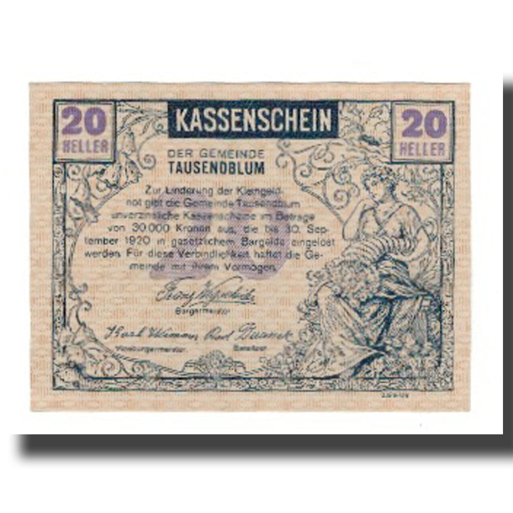 Banknot, Austria, Tausendblum N.Ö. Gemeinde, 20 Heller, paysan, 1920