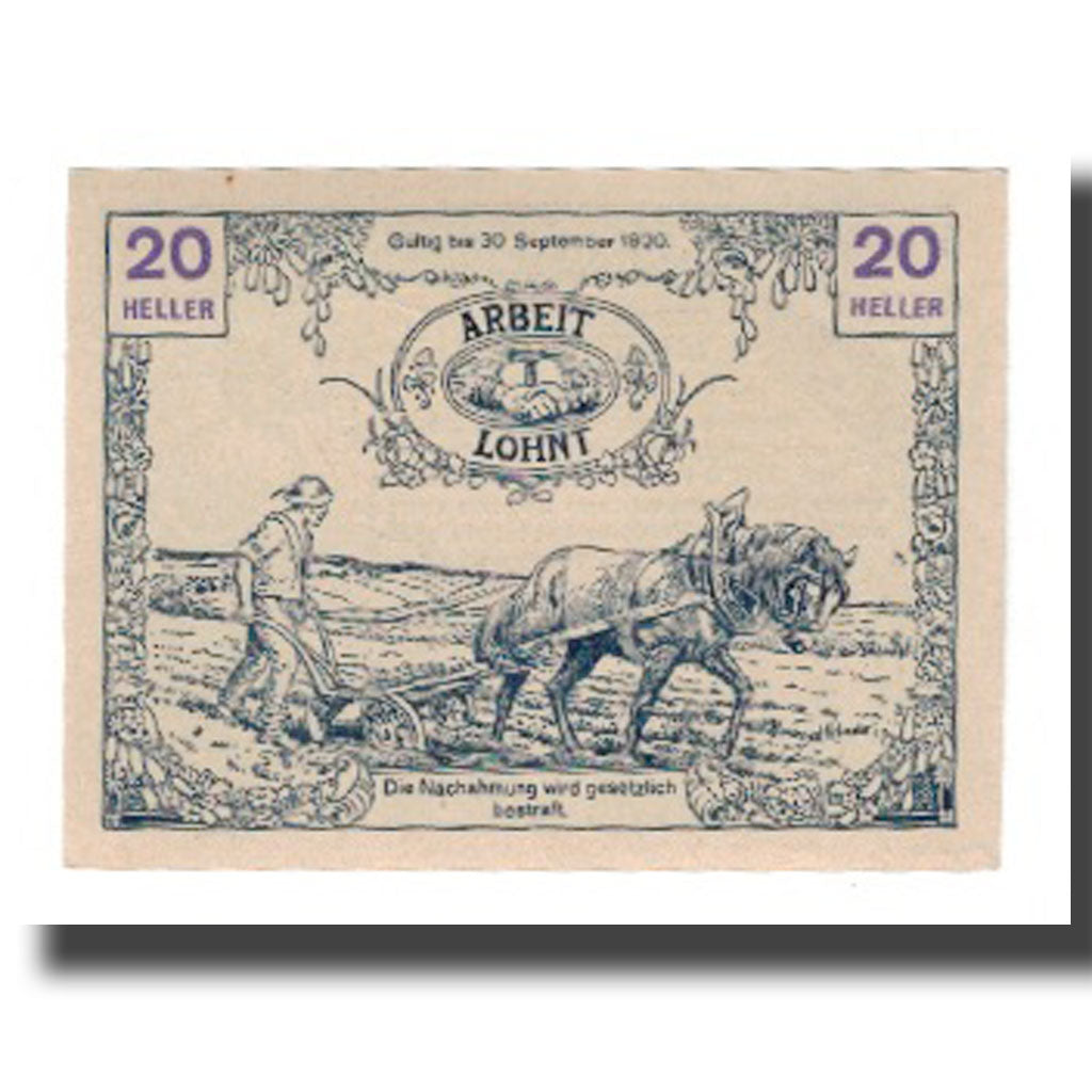 Banknot, Austria, Tausendblum N.Ö. Gemeinde, 20 Heller, paysan, 1920