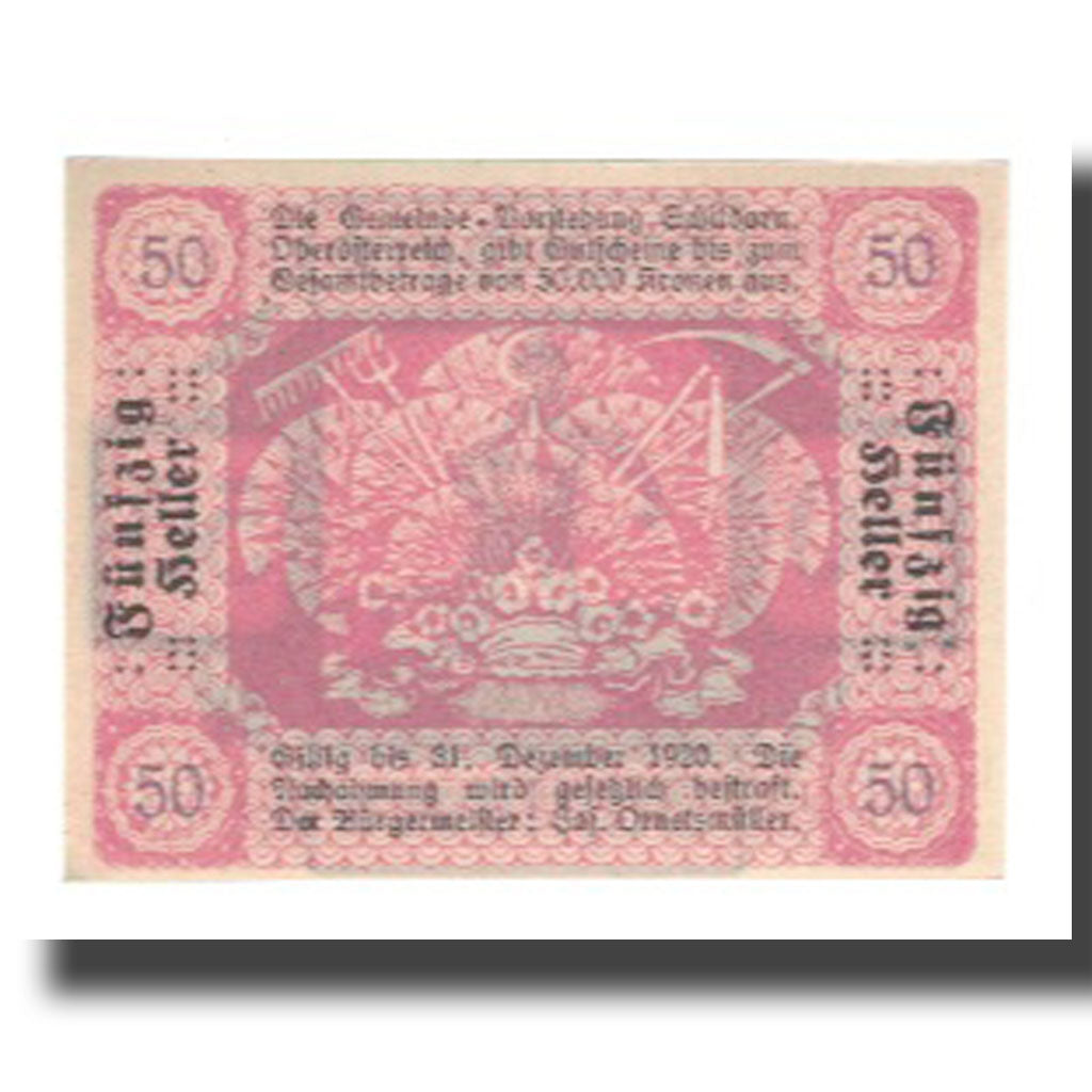 Banknot, Austria, Schildorn O.Ö. Gemeinde, 50 Heller, outils, 1920, 1920-12-31