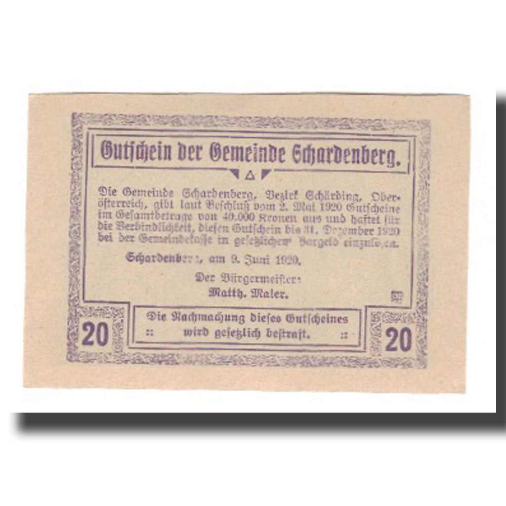 Banconote, Austria, Schardenberg O.Ö. Gemeinde, 20 Heller, Texte, 1920